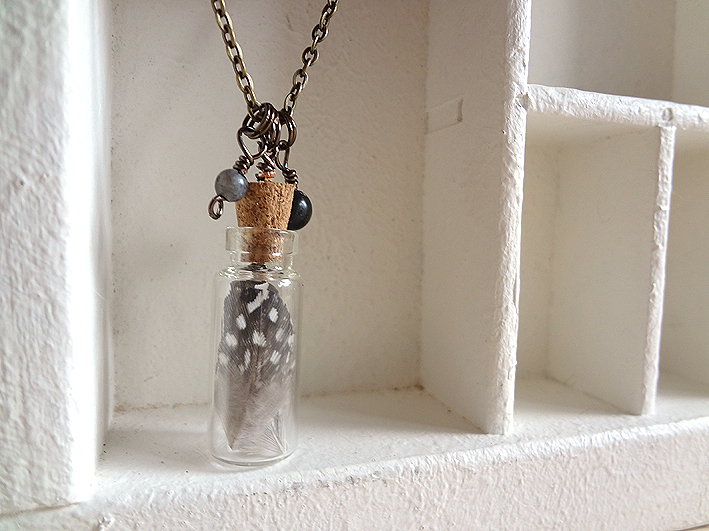 Feather Vial Necklace - Black And White Feathers And Handmade Charms
